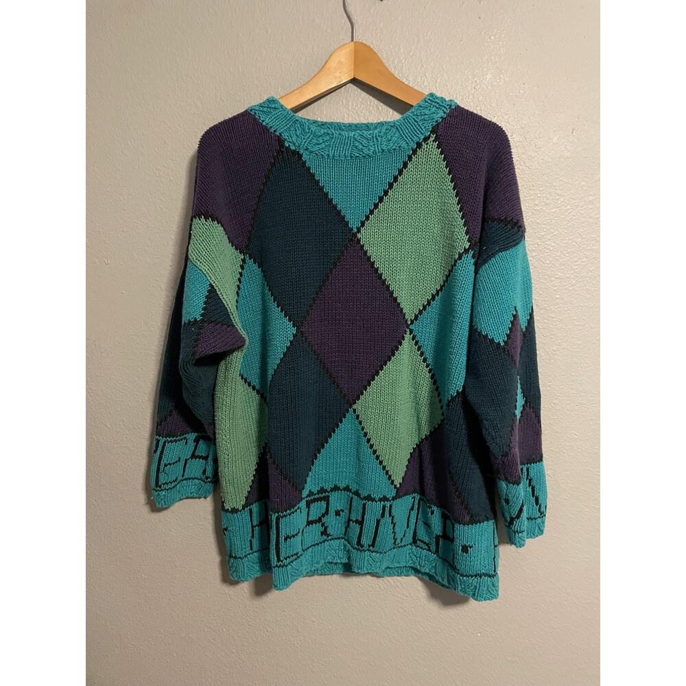 Vintage Sweater Mens Large Teal Purple Argyle Knit Ramie Cosby Grandpa 80s READ